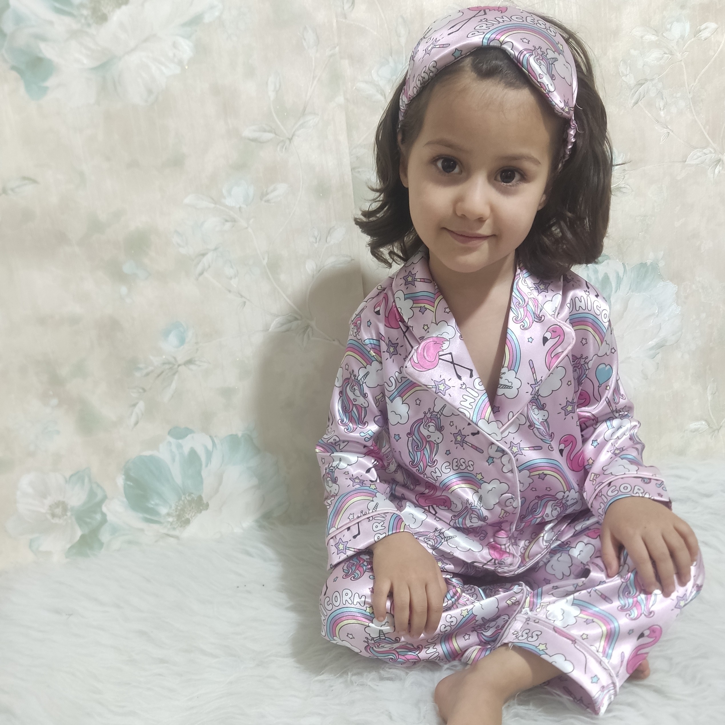 لباس خواب دخترانه ست سه تکه ساتن لباس خواب بچگانه